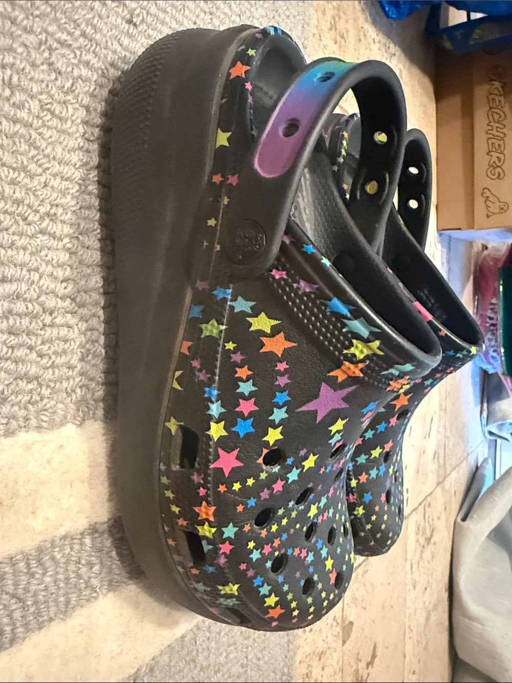 CROCS Kids Black Clog Sandals with Multicolor Star Print